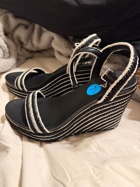 MIA Black and White Striped Rope Wedge Sandals
